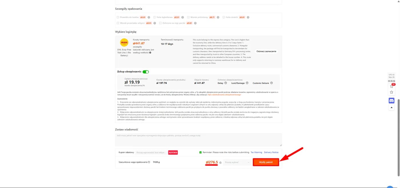Wysłanie pakietu u agenta Kakobuy